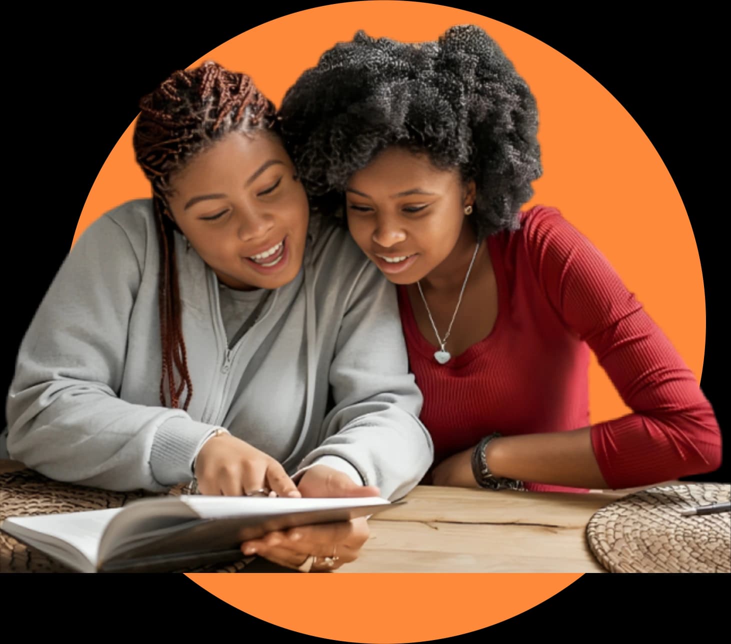 Two students studying with annotated essay feedback